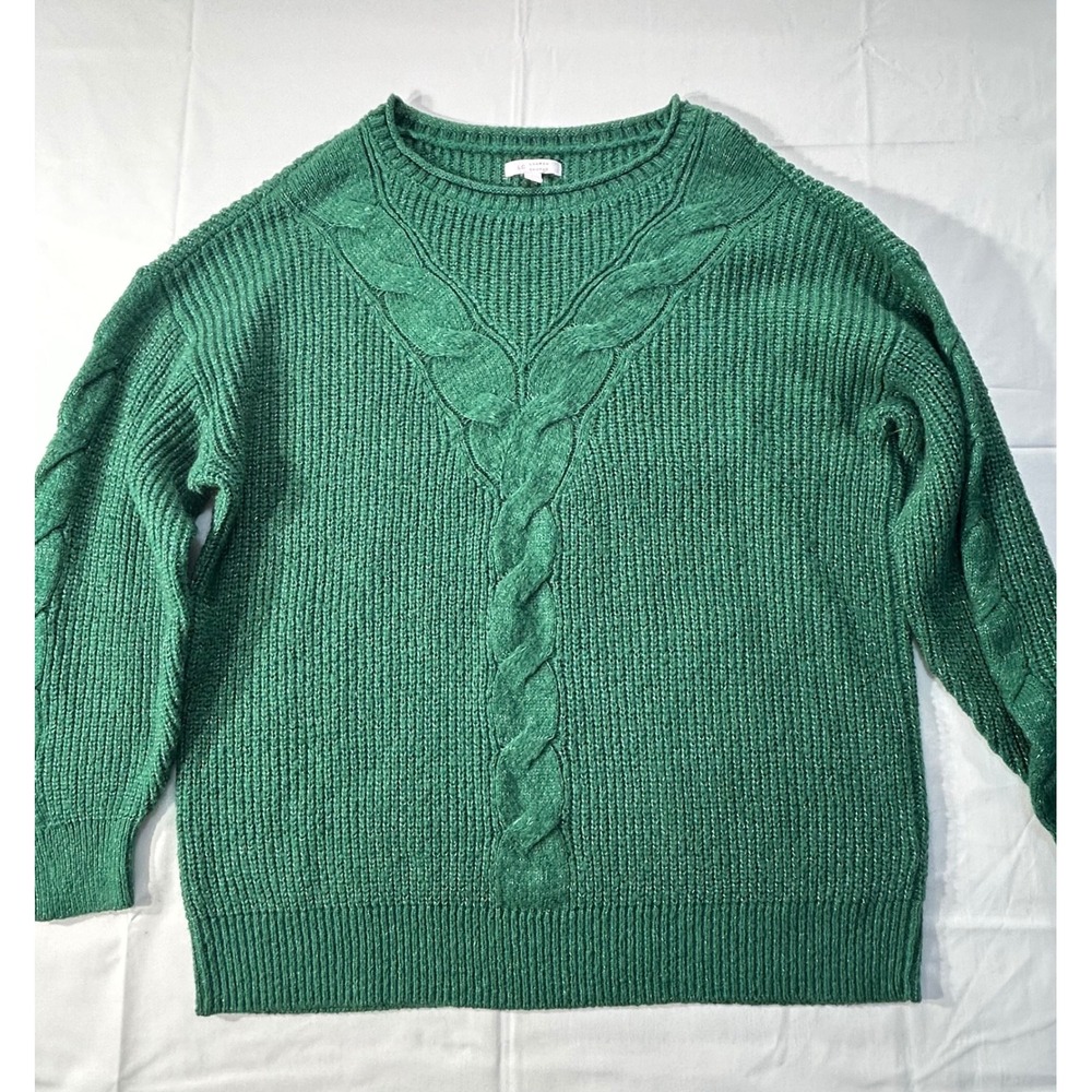 LC Lauren Conrad Green Metallic Cable Knit Crew Neck Sweater Large